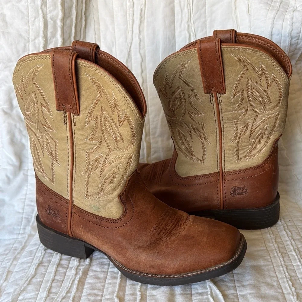 Justin Western Jr Canter Boots Brown Tan Leather Square Toe Kids 5.5D